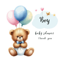 Cute watercolor teddy bear with balloons. Baby shower card.