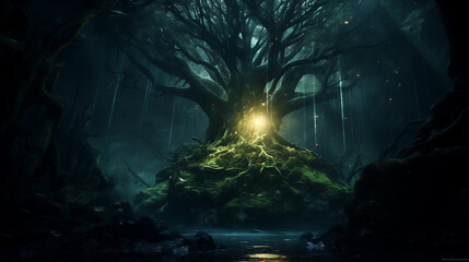 Obraz premium Mysterious Illuminated Cave in Dark Forest