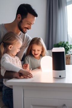 Father and daughters playing with a smart home device