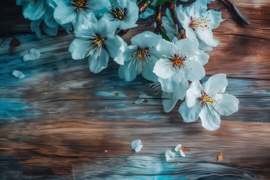 blossoming cherry flowers on wood with copy space, in the style of light indigo and aquamarine, uhd image, stockphoto, free brushwork, wallpaper,16k