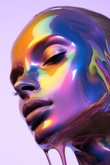 Generative AI, woman face in iridescent colors liquid, fluid, futuristic alien style, closeup