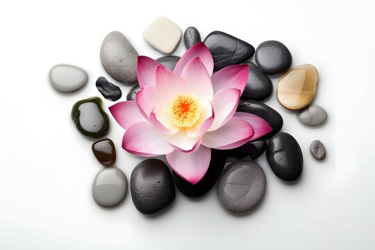 lotus flower with spa stones on white background top view in flat lay style, Cinematic, Photoshoot, Shot on 65mm lens, Shutter Speed 1 4000, F 1.8 White Balance, 32k, Super-Resolution, Pro Photo RGB,