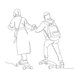 Skateboard dating. Woman supporting man to start riding. Continuous line drawing. Black and white vector illustration in line art style.