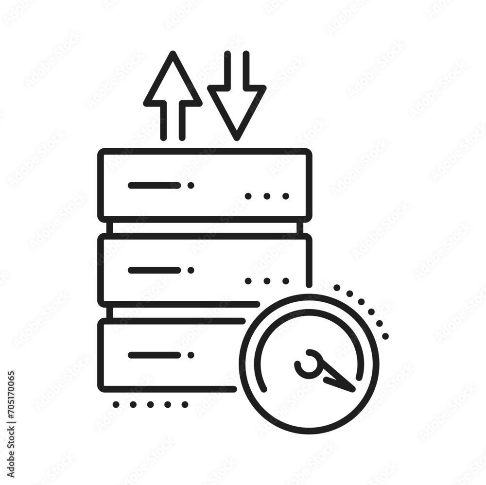 Poster Database, network server, cloud storage service icon. SQL database datacenter, hosting service server or cloud computing storage thin line vector symbol. Web platform line sign or pictogram