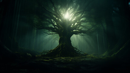 Obraz premium Tranquil Forest Landscape with Sunlight Peeking Through Trees