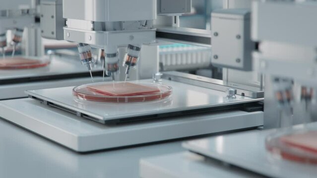 Advanced Futuristic Laboratory with Bioprinters for Organic Tissues. Bioprinting Advanced Technology Concept. Time-Lapse of Skin Tissue being Artificially Grown in Lab. 