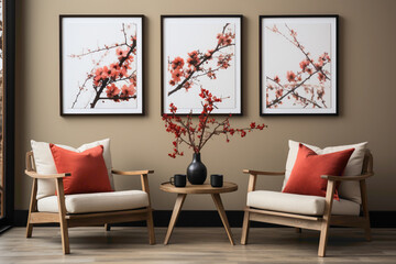 Craft a chic atmosphere with two chairs in brown, white, and red hues, placed against a blank wall with an empty frame as the centerpiece. 