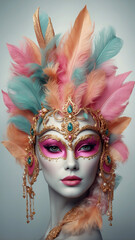 Mujer con máscara de carnaval con plumas y adornos dorados, colores suaves, ideal para composición de banner