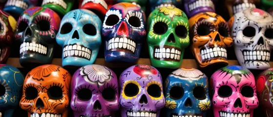 Glasschilderij Schedel Colorful Mexican sugar skulls on display in a souvenir shop. Mexican traditional holiday  Día de los Muertos - Day of the Dead Concept. Mexican sugar skulls for sale.