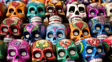 Colorful Mexican sugar skulls on display in a souvenir shop. Mexican traditional holiday  Día de los Muertos - Day of the Dead Concept. Mexican sugar skulls for sale.