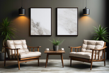 Craft a serene environment with white and dark brown chairs against a blank wall. 