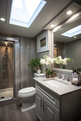 Fototapeta premium Modern bathroom interior with plants and white orchids