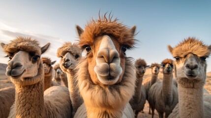 A herd of llamas is looking at the camera