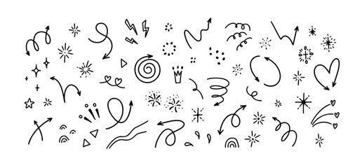 Cute line doodle handwritting elements set. Hand drawn sketchy curve arrows, glitter, stars, confetti, firework, heart, burst. Holiday, surprise, celebration decorative simple icons