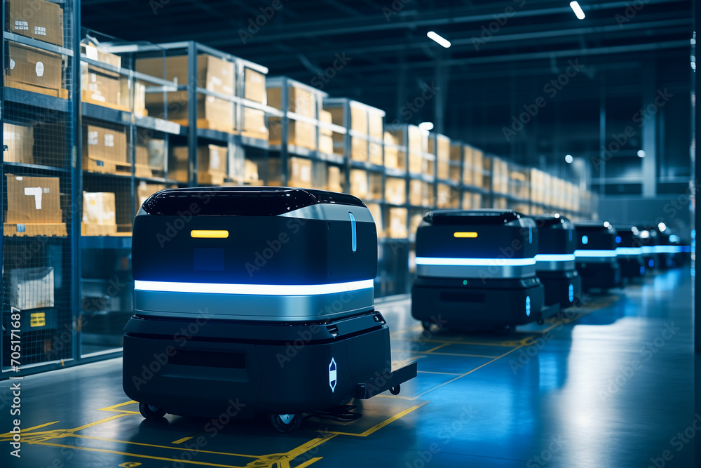 Aufkleber Concept of unmanned automated warehouse with robots. Artificial intelligence in logistics management