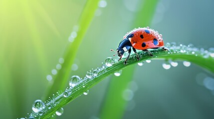 Macro photography of a delicate ladybug perched on a dew-kissed blade of grass