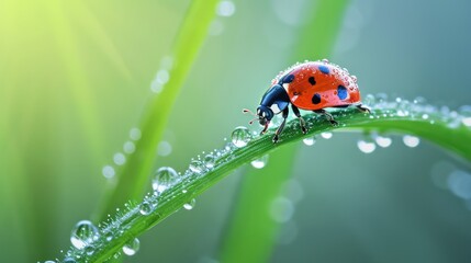 Obraz premium Macro photography of a delicate ladybug perched on a dew-kissed blade of grass