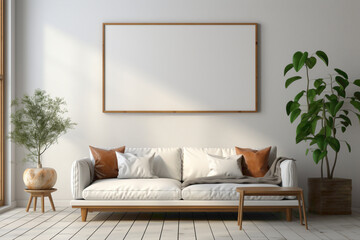 A chic and modern living room interior mockup against a blank empty frame, providing a stylish setting with ample copy space for your creative text.