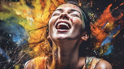 Portrait of a woman who screams from the joy of freedom. A woman's success is a real emotion.