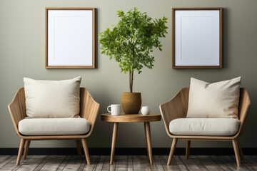 Create a cozy nook with two chairs, a table, and a delightful little plant, set against a simple solid wall with a blank empty white frame for personal touches.