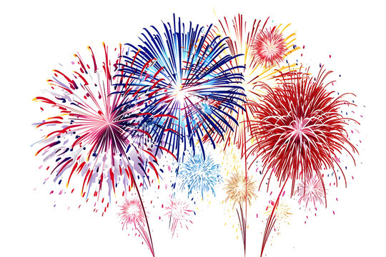 Set of pictures of fireworks at night, celebration, heart shape, happiness, festival, illustration, white background, colorful, Generative AI