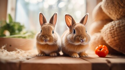 Two little Easter red rabbits.  Against the backdrop of a home kitchen interior with sunlight