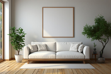 Create a minimalist masterpiece in your living room. Visualize an empty frame in a simple mockup, ready to showcase your creativity and design sensibilities against a clean and tranquil backdrop.