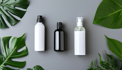 Cosmetic set of blank label bottles for packaging mockups of cream, serum, conditioner, perfume on gray background with green leaves, Organic natural cosmetic products - obrazy, fototapety, plakaty