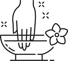 Nail manicure service icon with soak bowl. Woman beauty or spa salon, cosmetics and makeup products shop symbol, manicure and pedicure master linear vector symbol. Cosmetology service outline sign