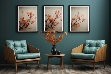 Create a serene environment with brown and teal chairs against a blank wall. Picture an empty frame on the wall, ready to capture and showcase your creative vision in this elegantly simple setting.