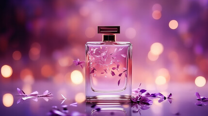 Obraz na płótnie Canvas Glass perfume bottle in rose water background. Floral arrangement, splash of flowers