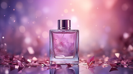 Glass perfume bottle in rose water background. Floral arrangement, splash of flowers
