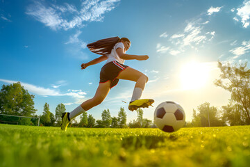 Young female soccer player kicking ball. - obrazy, fototapety, plakaty