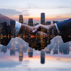 Double exposure photo capturing the clasped hands of business professionals against a cityscape background.