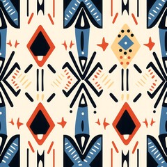 Minimalistic abstract boho seamless pattern in tribal style. Ethnic geometric background with colorful lines and shapes. Traditional print design for textile, banner, wallpaper, fashion, home decor 