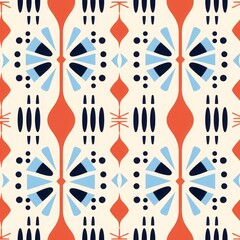 Minimalistic abstract boho seamless pattern in tribal style. Ethnic geometric background with colorful lines and shapes. Traditional print design for textile, banner, wallpaper, fashion, home decor 