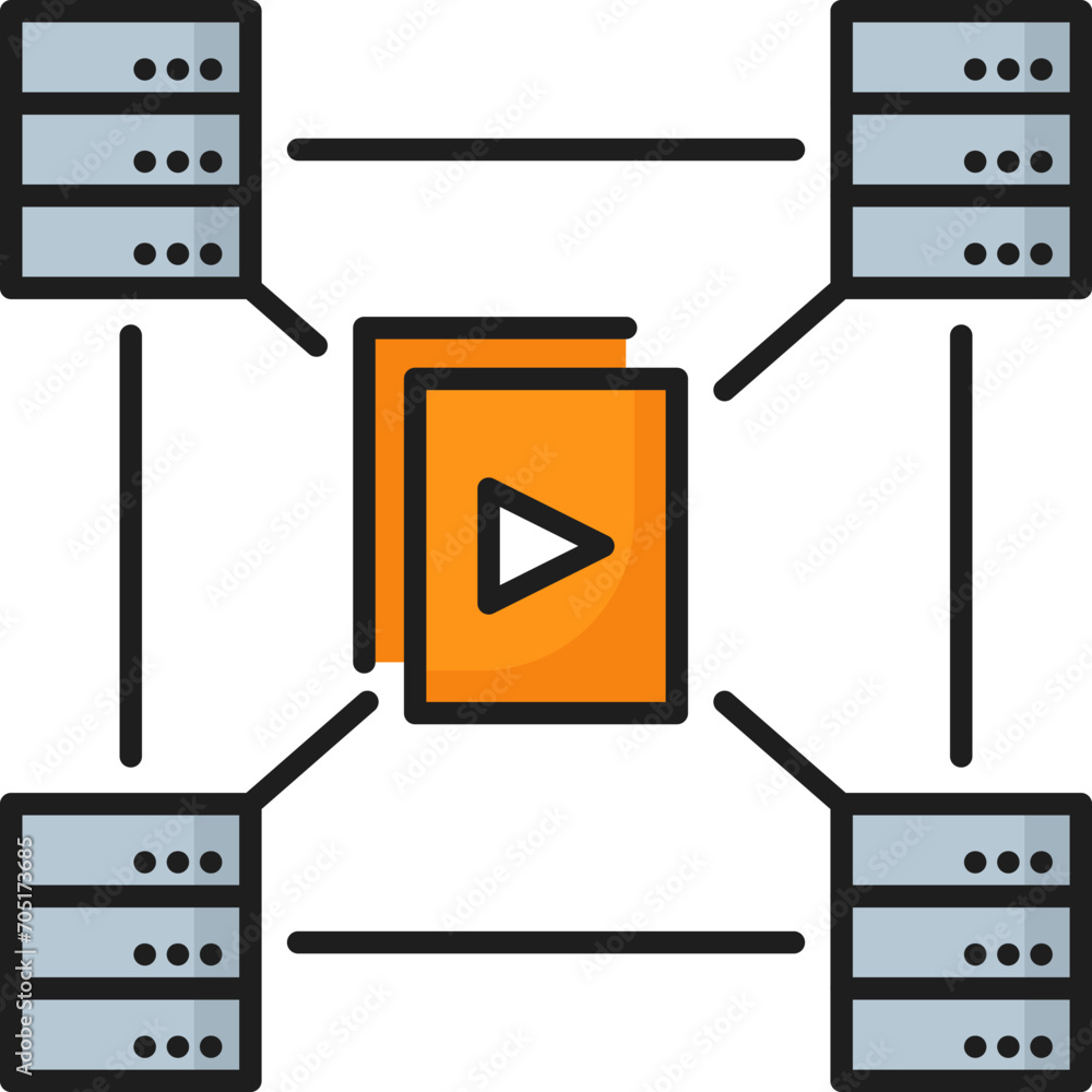 Fototapete Copies of content to servers. CDN. Content delivery network icon, web media database administration and publishing system, website file technology linear vector icon with server computers