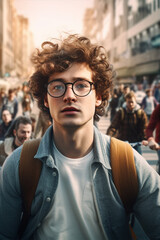 Obraz premium Portrait of a young curly man in glasses, with a backpack among people, selective focus