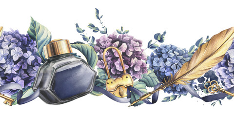 Blue inkwell with gold pen, ink, key and lock, ribbon with hydrangea flowers and eucalyptus branches. Hand drawn watercolor illustration. Seamless border isolated from the background. - obrazy, fototapety, plakaty