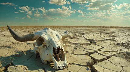 Bone-dry landscape with large bull skull prominently placed in the foreground. The skull is positioned on a dirt field, surrounded by a barren and arid environment. - obrazy, fototapety, plakaty