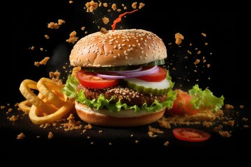 Separated burger with floating ingredients on black background.
