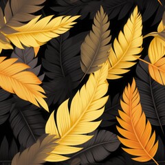 Seamless pattern with yellow feathers and leaves. Colorful abstract background for web design, printing, wallpaper, textile, home decor