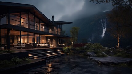 Fototapeta na wymiar Modern house with waterfall view