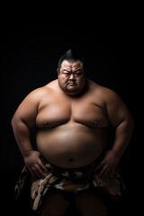 Fototapeta na wymiar japanese sumo wrestler posing sitting in front of the camera in the studio