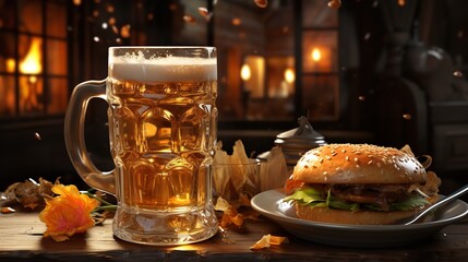 Burger with Beer on the Background of a Cafe

