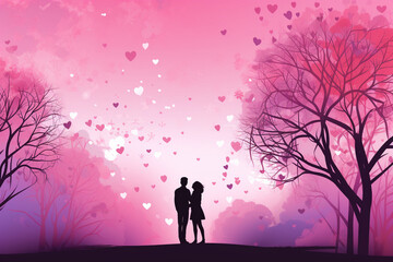 "Embracing Romance: A Pink Valentine's Day Wallpaper with a Whimsical Touch. Silhouettes of a couple standing beneath heart-shaped trees adorn the foreground against a backdrop of beautiful, cloudy na