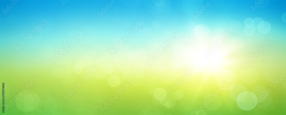 Fototapete fresh spring abstract background with bokeh and sun glow. graphic element with blue and green horizo