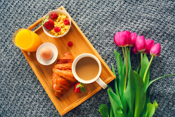 Healthy morning breakfast on tray