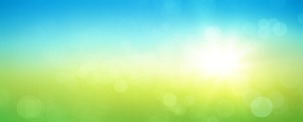Fresh spring abstract background with bokeh and sun glow. Graphic element with blue and green horizontal colour gradients.