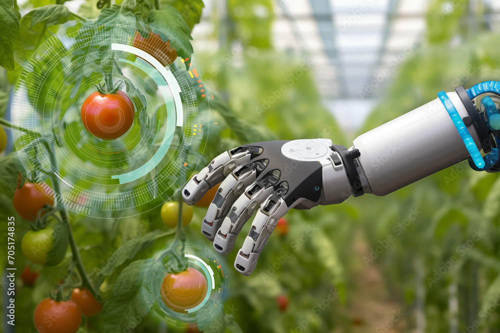 Aufkleber Robot is working in greenhouse with tomatoes. Smart farming and digital agriculture 4.0..